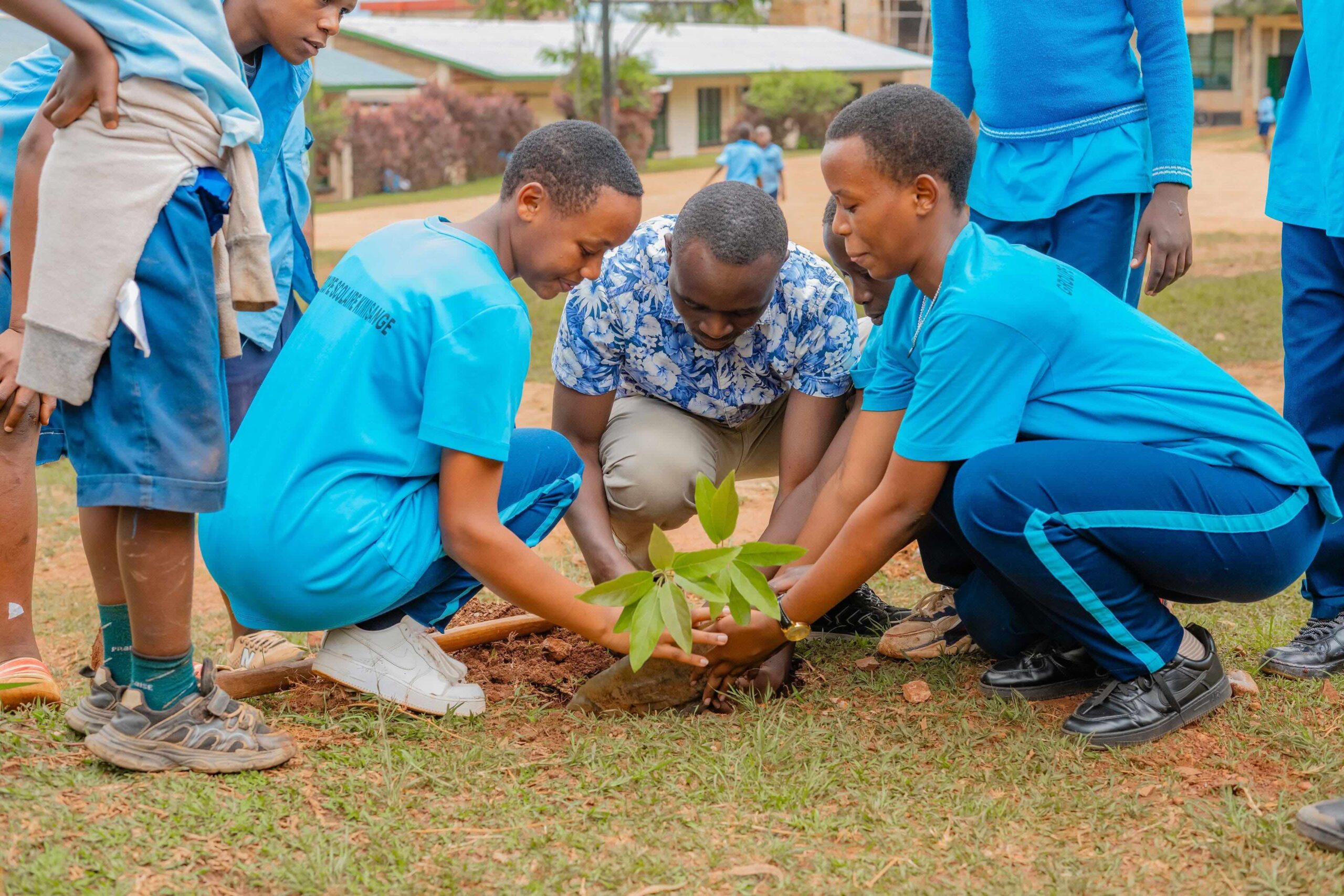 Schülerinnen und Schüler kümmern sich um Bäume in Rwanda